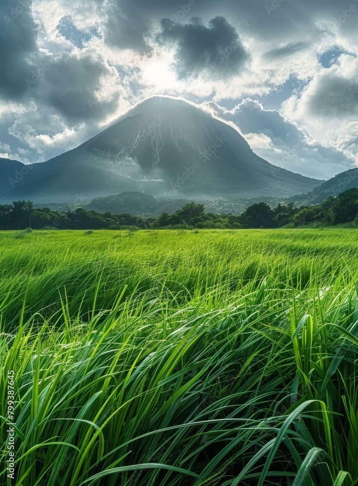 Fototapeta premium Green Grass Field With Mountain In The Background