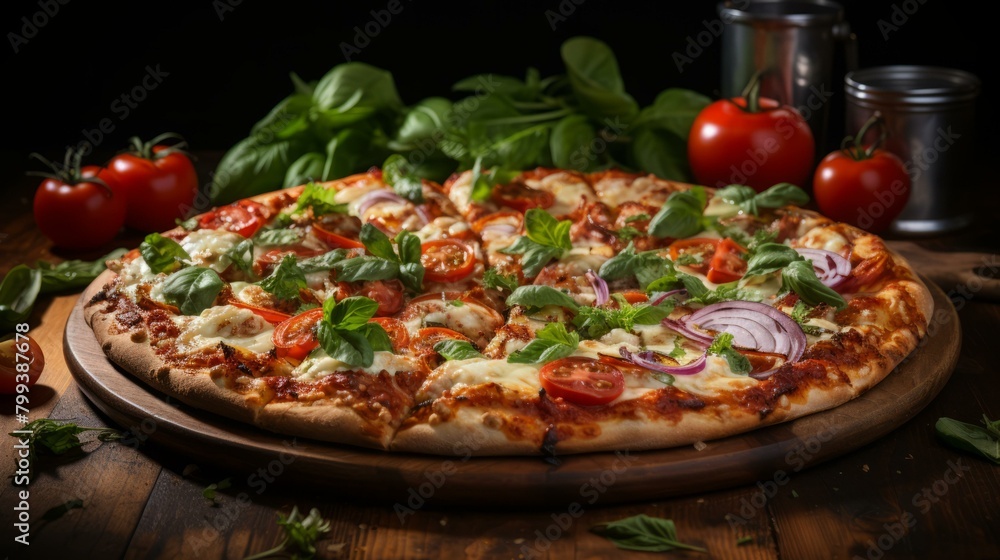 A delicious pizza with fresh tomatoes, basil, and mozzarella cheese