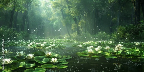 Fantasy Forest Pond with White Water Lilies