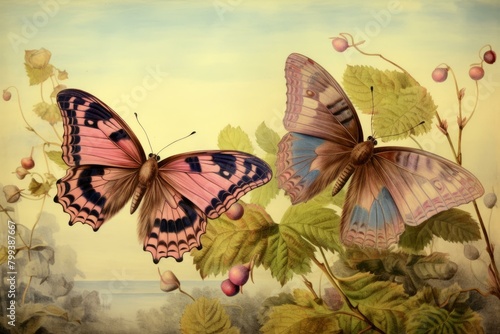 Two pink and blue butterflies on a plant photo