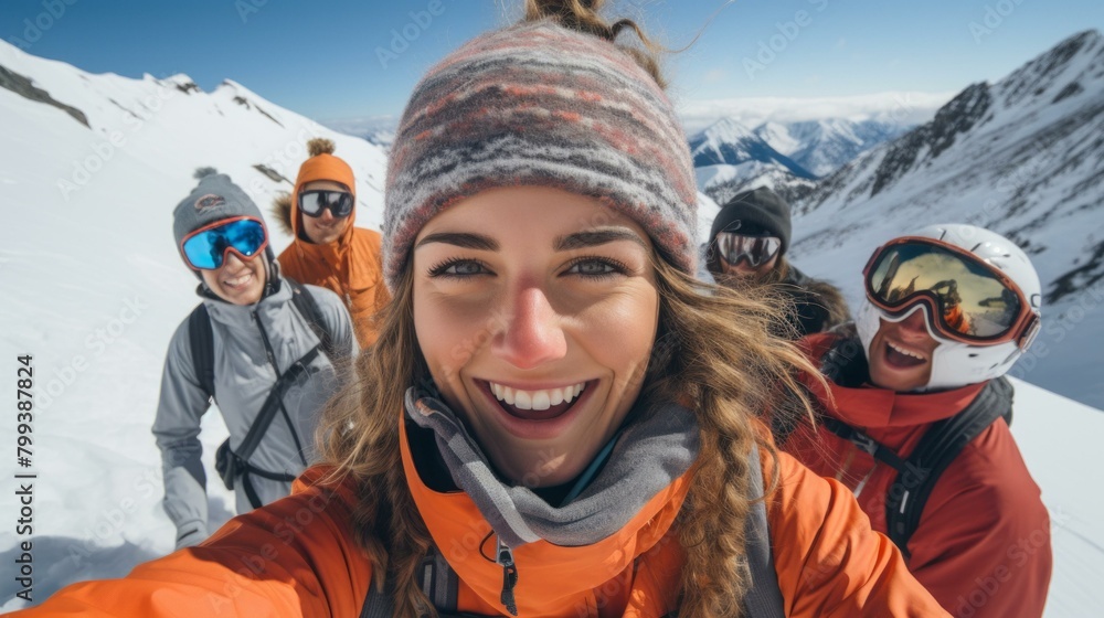 A group of friends skiing down a snowy mountain A group of friends skiing down a snowy mountain