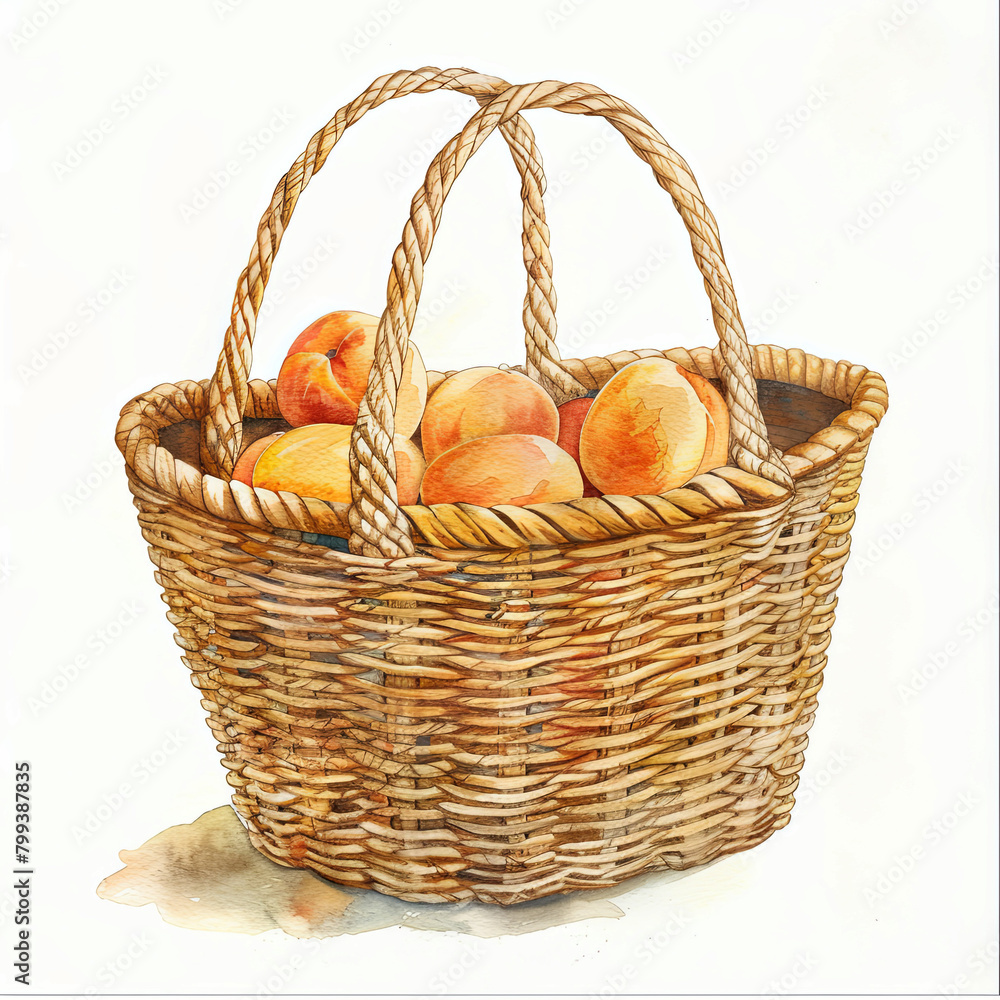 Vintage watercolor of a straw bag with apricot on white background. Perfect for summer-themed advertisements, recipe blogs, and natural product packaging.