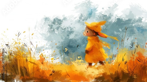  A portrait of a young girl in a yellow dress and matching hat strolling through a lush meadow