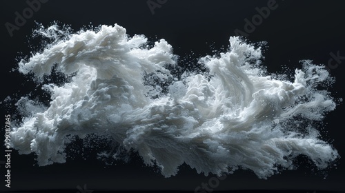   Ample white foam hovering above a black backdrop, crowned by a splash of water photo
