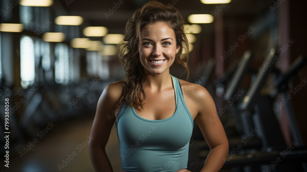 Portrait of a smiling young woman in a blue tank top standing in a gym