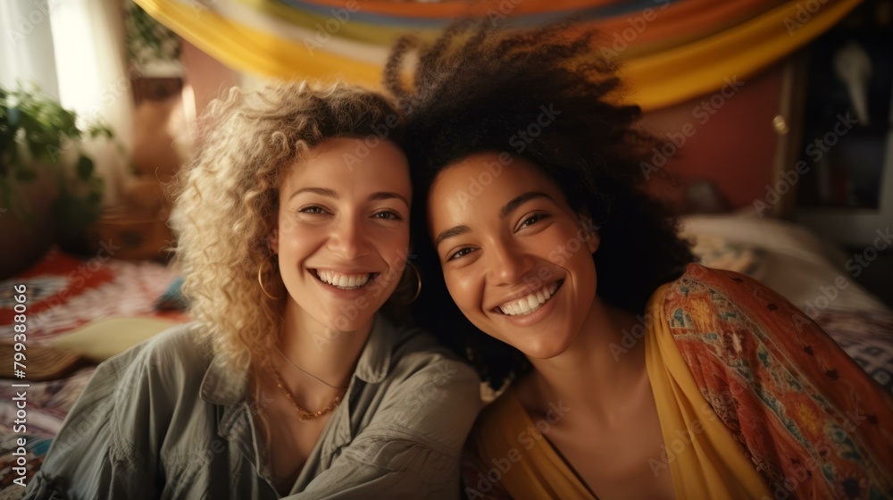 Two young multiethnic women smiling at the camera Two young multiethnic women smiling at the camera