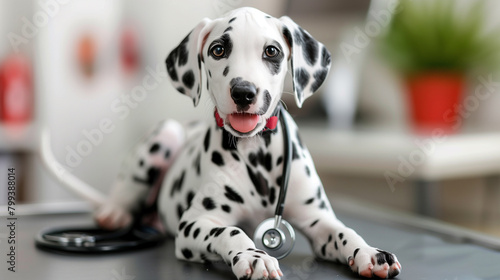 A Dalmatian puppy on the veterinarian's table with a stethoscope.        © aciddreamStudio