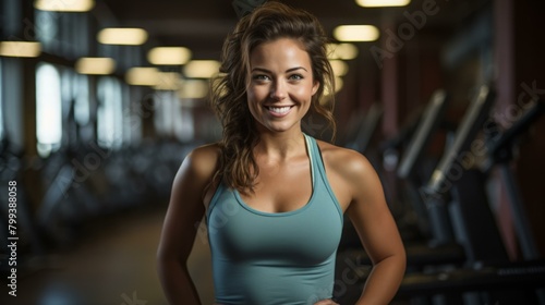 Portrait of a smiling young woman in a blue tank top standing in a gym