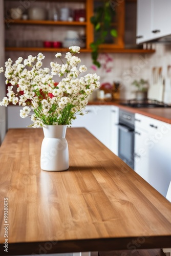 A beautiful bouquet of white flowers sitting on a wooden table in a modern kitchen.