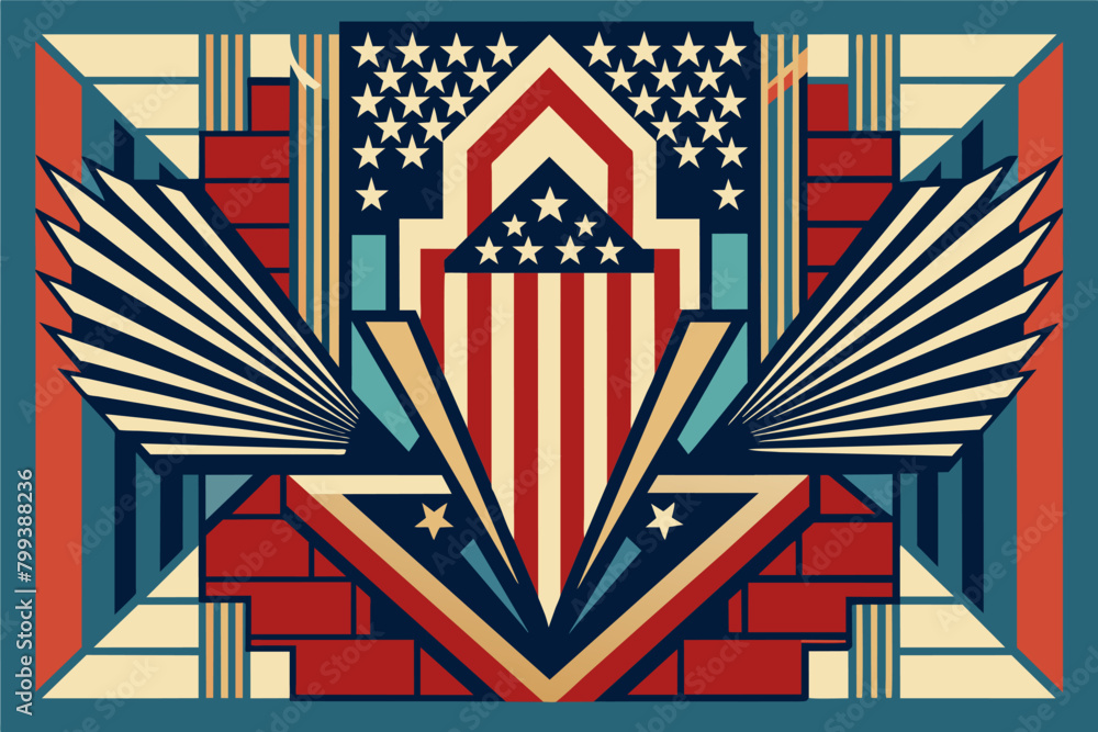 American flag vector in the style of Art Deco, with geometric patterns and bold colors.