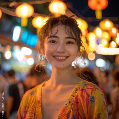 Portrait of a beautiful Asian woman smiling in a brightly lit environment