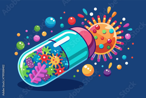 medicine capsule bursts open, releasing colorful antibodies that fight off invading pathogens.