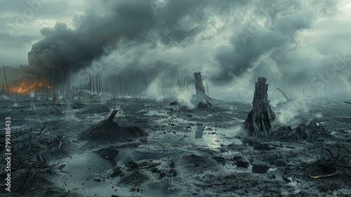 Post-apocalyptic landscape with a dead forest and a large fire in the background photo