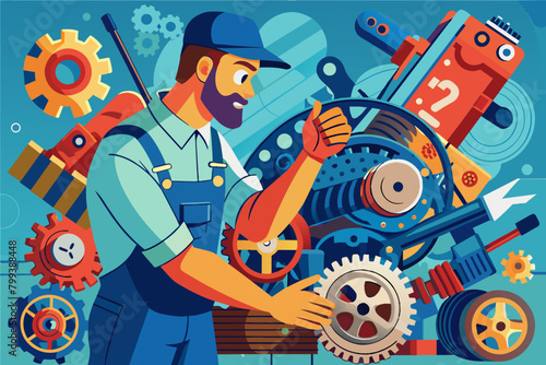 mechanic, grease on their hands, fixes a complex engine problem with a set of specialized tools.