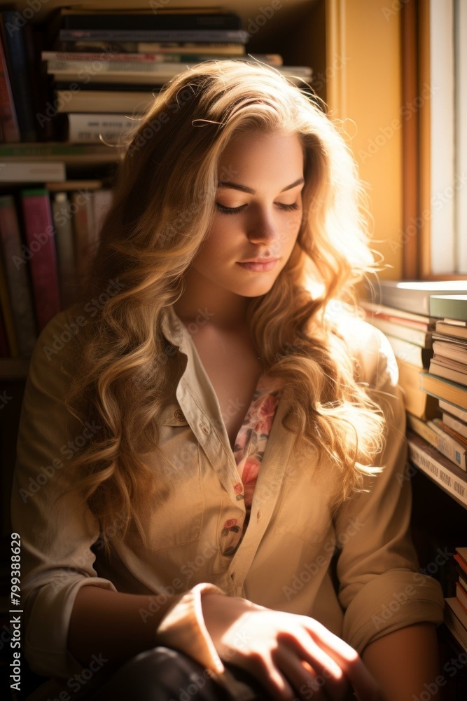 Portrait of a beautiful young woman sitting in a library Portrait of a beautiful young woman sitting in a library