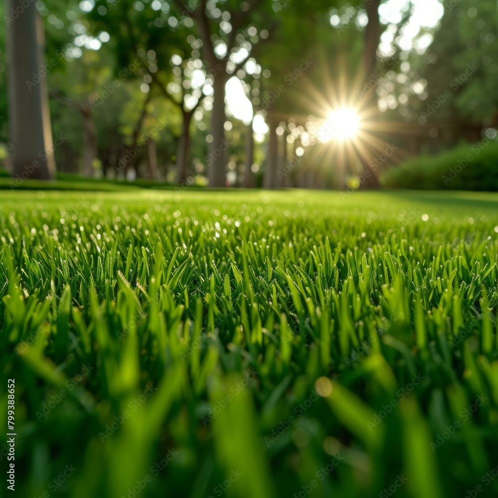 Close-up of green grass field with sunlight in the background Close-up of green grass field with sunlight in the background