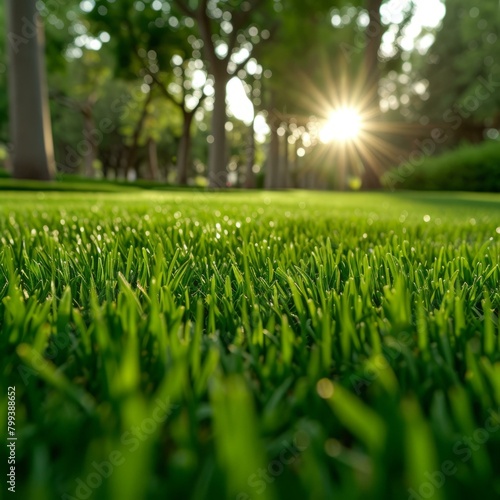 Close-up of green grass field with sunlight in the background