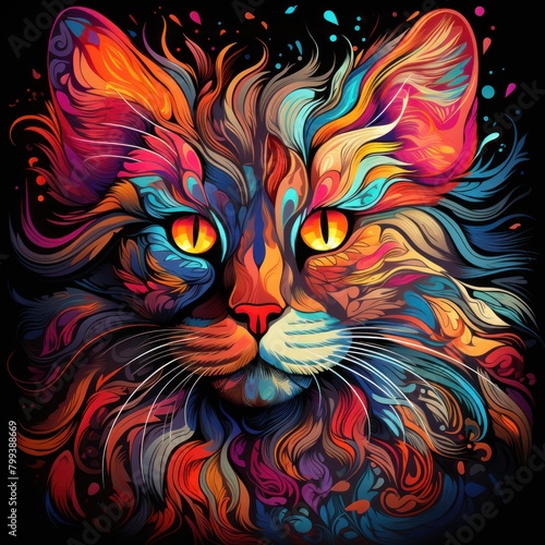 A digital painting of a cat in vibrant colors. The cat has yellow eyes and long whiskers. The background is black.