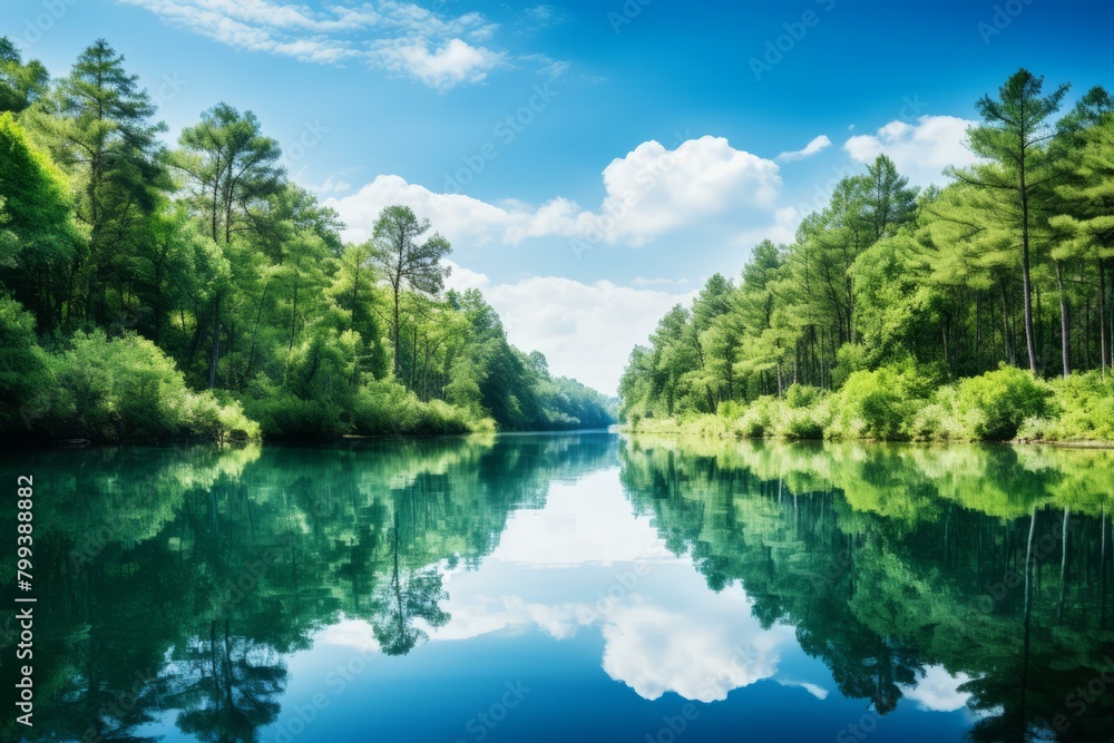 River flowing through a lush green forest with blue sky and white clouds reflecting in the water River flowing through a lush green forest with blue sky and white clouds reflecting in the water