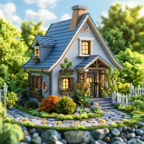 Small cottage house with flowers and garden