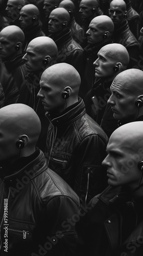 A conceptual portrait of identical figures in leather jackets and headphones, symbolizing conformity and anonymity photo