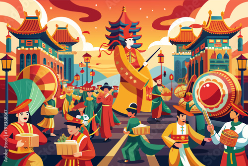 majestic lunar new year procession with drummers and musicians