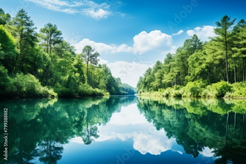 River flowing through a lush green forest with blue sky and white clouds reflecting in the water