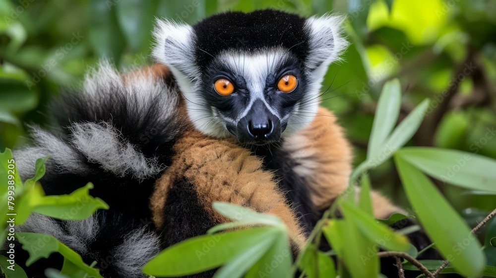 Fototapeta premium A black and white ruffed lemur with orange eyes sits in a tree
