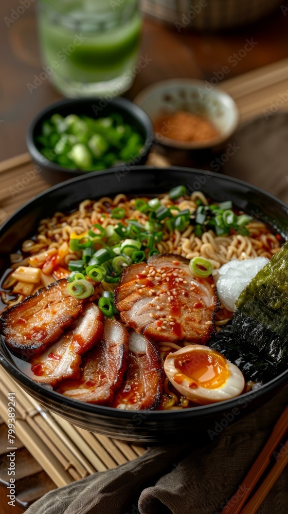 A bowl of ramen with pork, egg, and vegetables