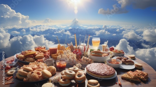 A table full of food with a mountain in the background photo