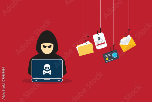 Hacker with laptop computer stealing confidential data