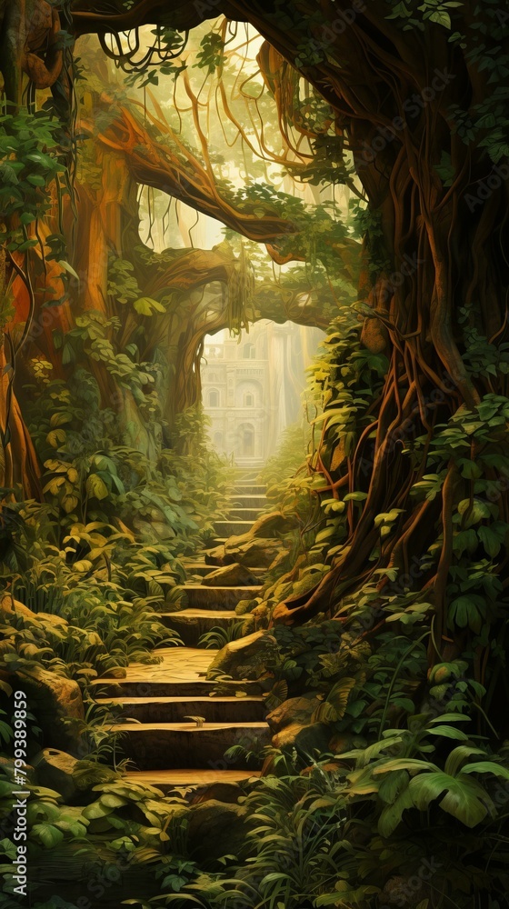 The stone path through the overgrown jungle