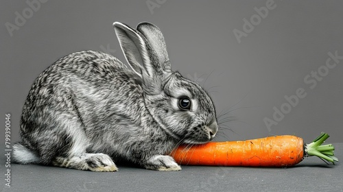   Rabbit sitting beside carrot on gray backdrop with gray walls surrounding it
