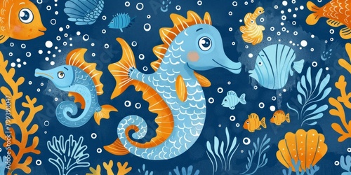 Underwater illustration of a school of fish and a seahorse photo