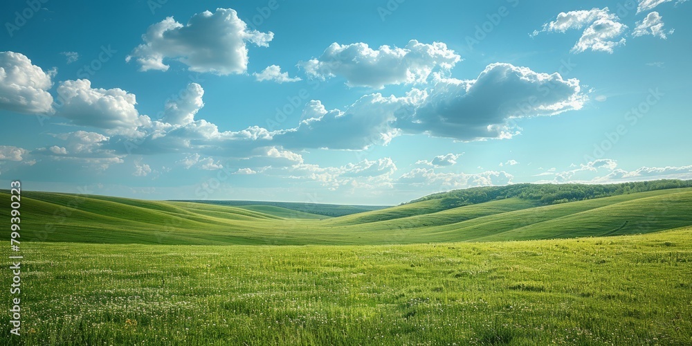 Green rolling hills under blue sky with white clouds Green rolling hills under blue sky with white clouds
