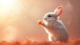   A white rabbit with an orange ball in its mouth stands on its hind legs in the grass