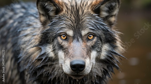 Close up portrait of a wet wolf staring at the camera