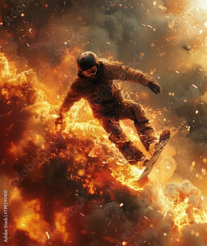 A snowboarder jumps over a fiery explosion