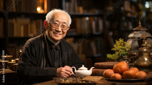 Portrait of a smiling elderly Asian man in a library