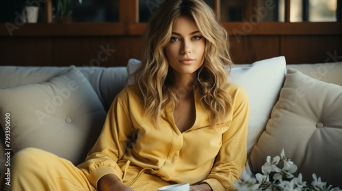 Elegant blonde woman in yellow pajamas sitting on couch
