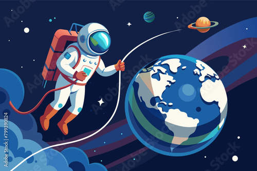 lone astronaut on a spacewalk, tethered to a spaceship, gazing at the Earth below.