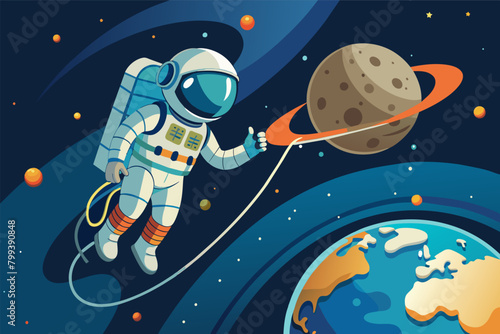 lone astronaut on a spacewalk, tethered to a spaceship, gazing at the Earth below.