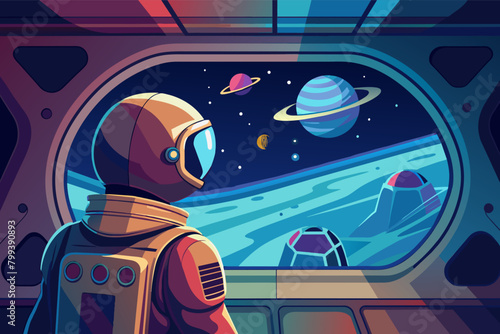 lone astronaut gazing out the window of a spaceship at the vastness of space.
