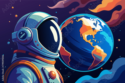 lone astronaut gazing at the Earth from space, filled with awe and a sense of connection.