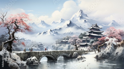 A snowy landscape with a bridge and a pagoda