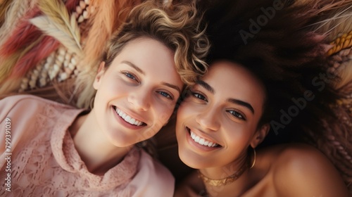 Portrait of two smiling women lying on a bed of flowers