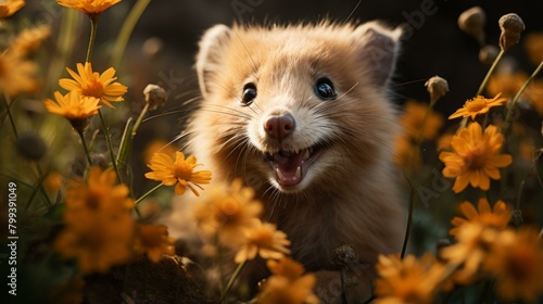 Small cute quokka in a field of yellow flowers photo