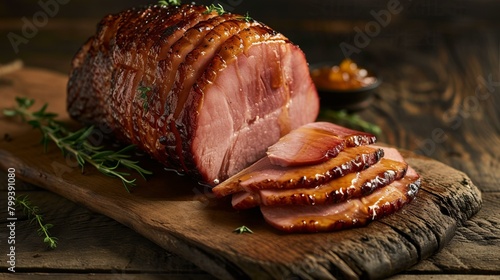 A delicious baked ham with a sweet glaze on top photo