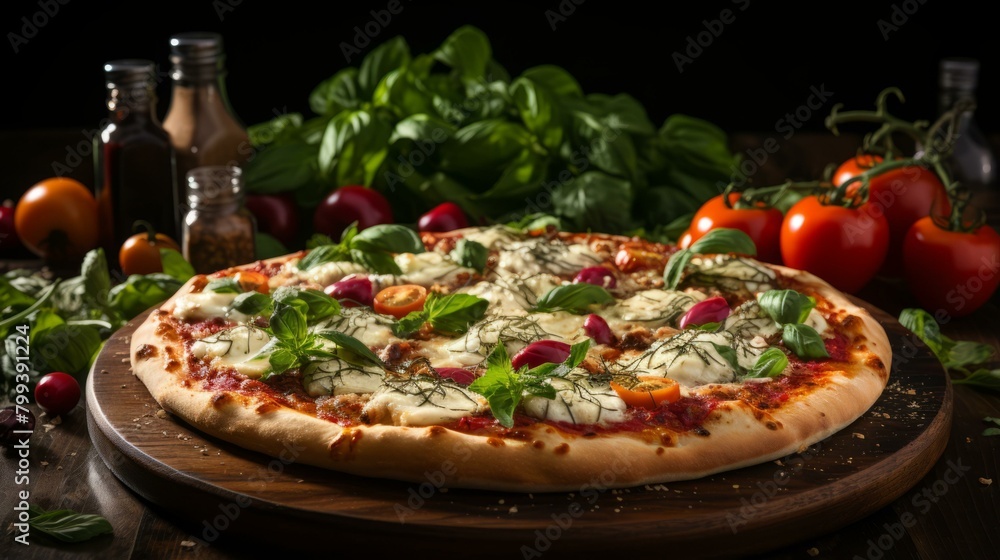 A delicious pizza with fresh ingredients A delicious pizza with fresh ingredients
