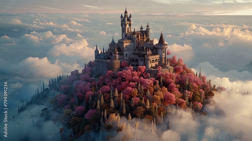 Fantasy castle on the clouds with pink trees